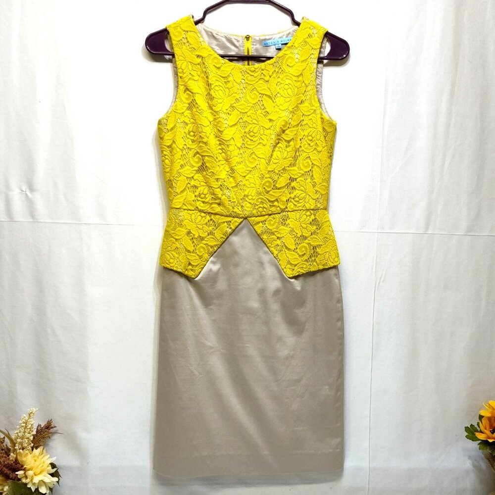 Antonio Melani Yellow Lace Overlay Peplum Top Beige Sheath Skirt Dress Size 2